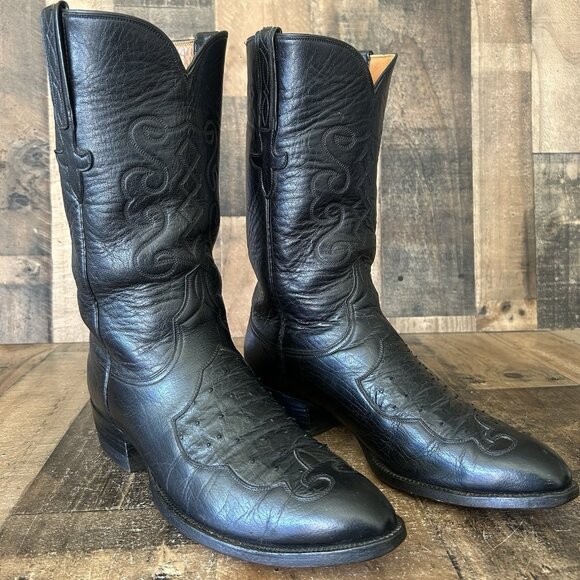 Lucchese San Antonio Vintage Ostrich Inlay Black Cowboy Boots Mens 10.5 D - Picture 2 of 12